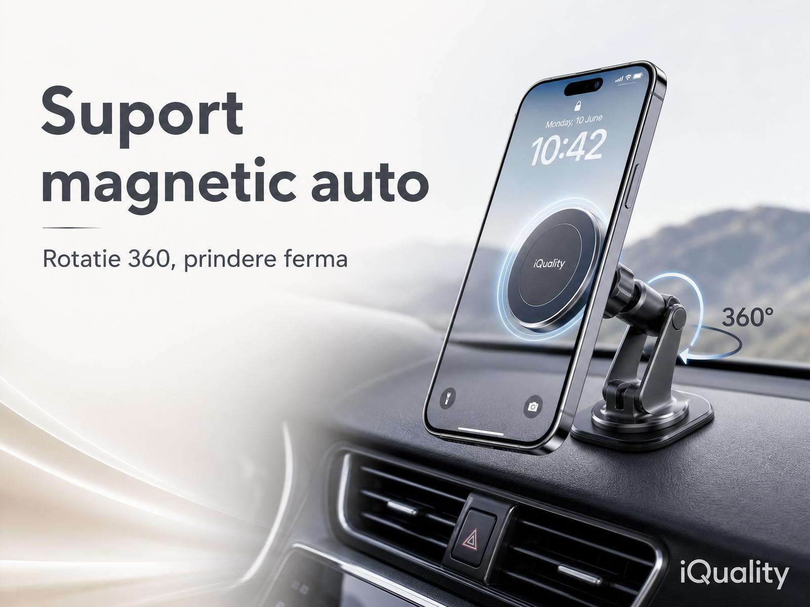 Suport Magnetic Auto iQuality MagDock 360 pentru Telefon 4-7", Rotire 360°, Ventuza Bord si Parbriz, Aluminiu Premium