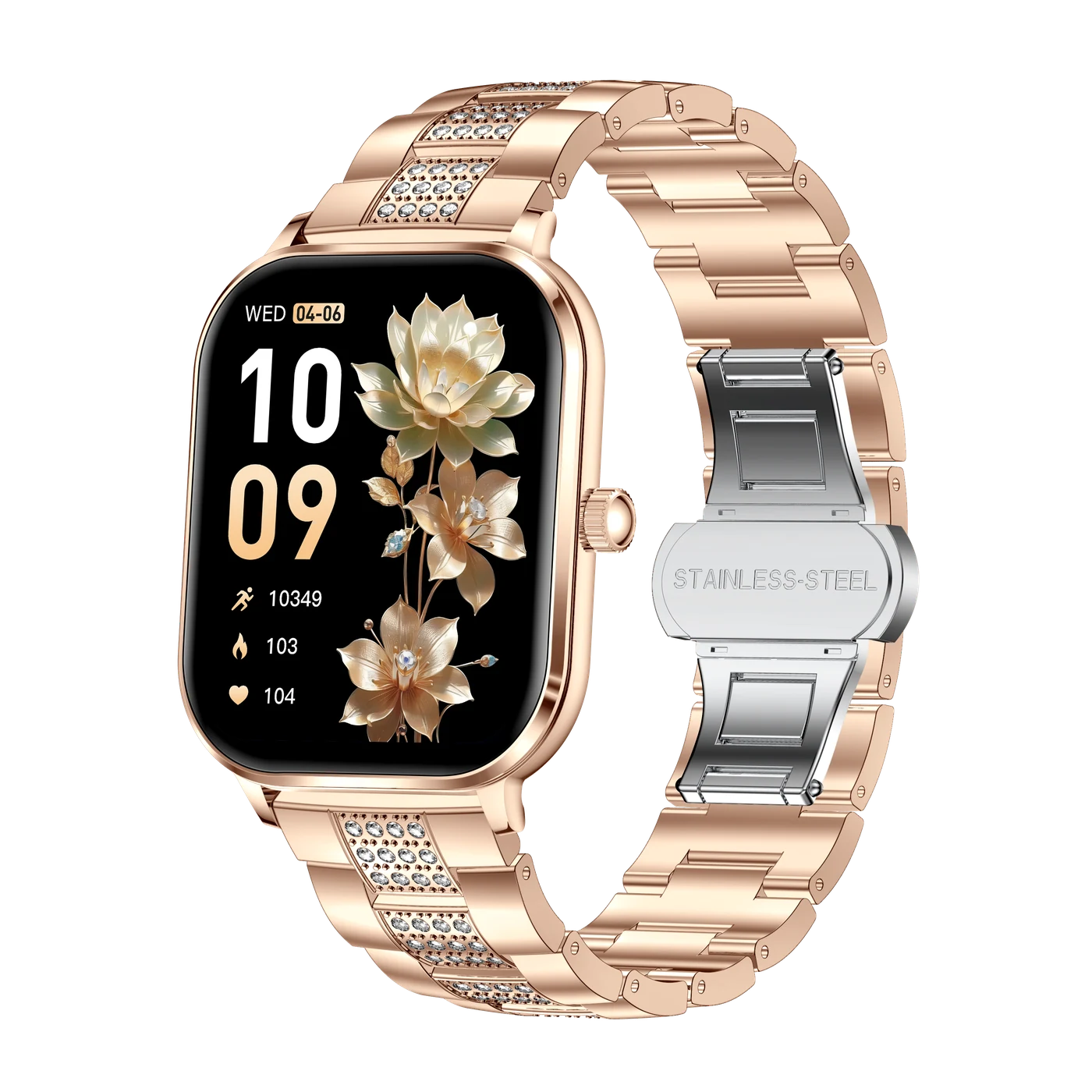 Smartwatch iQuality® crystalGLOW Golden Sakura în română, Cadou Brățară Metalică, Ecran 1.82 inch, Apelare Bluetooth, Monitorizare Sănătate, Notificări, Rezistent la Apă IP68