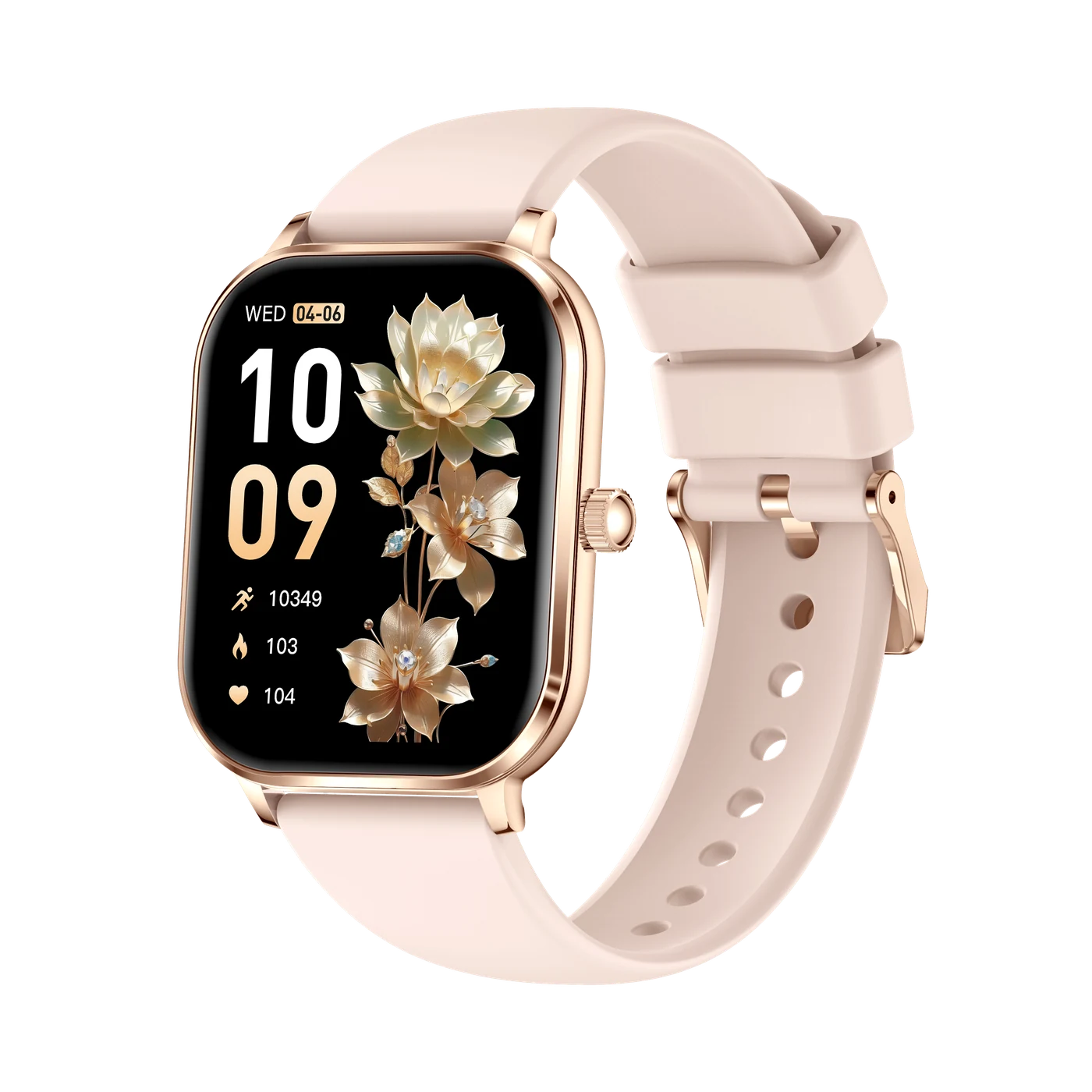 Smartwatch iQuality® crystalGLOW Golden Sakura în română, Curea Silicon, Ecran 1.82 inch, Apelare Bluetooth, Monitorizare Sănătate, Notificări, Rezistent la Apă IP68