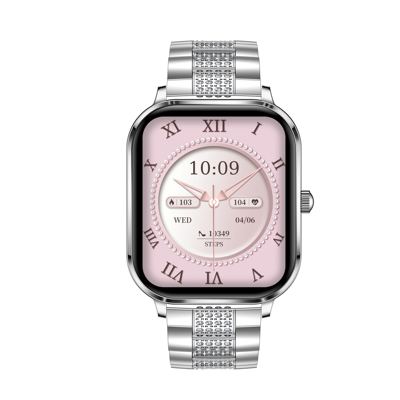 Smartwatch iQuality® crystalGLOW Silver Plaid în română, Cadou Brățară Metalică, Ecran 1.82 inch, Apelare Bluetooth, Monitorizare Sănătate, Notificări, Rezistent la Apă IP68