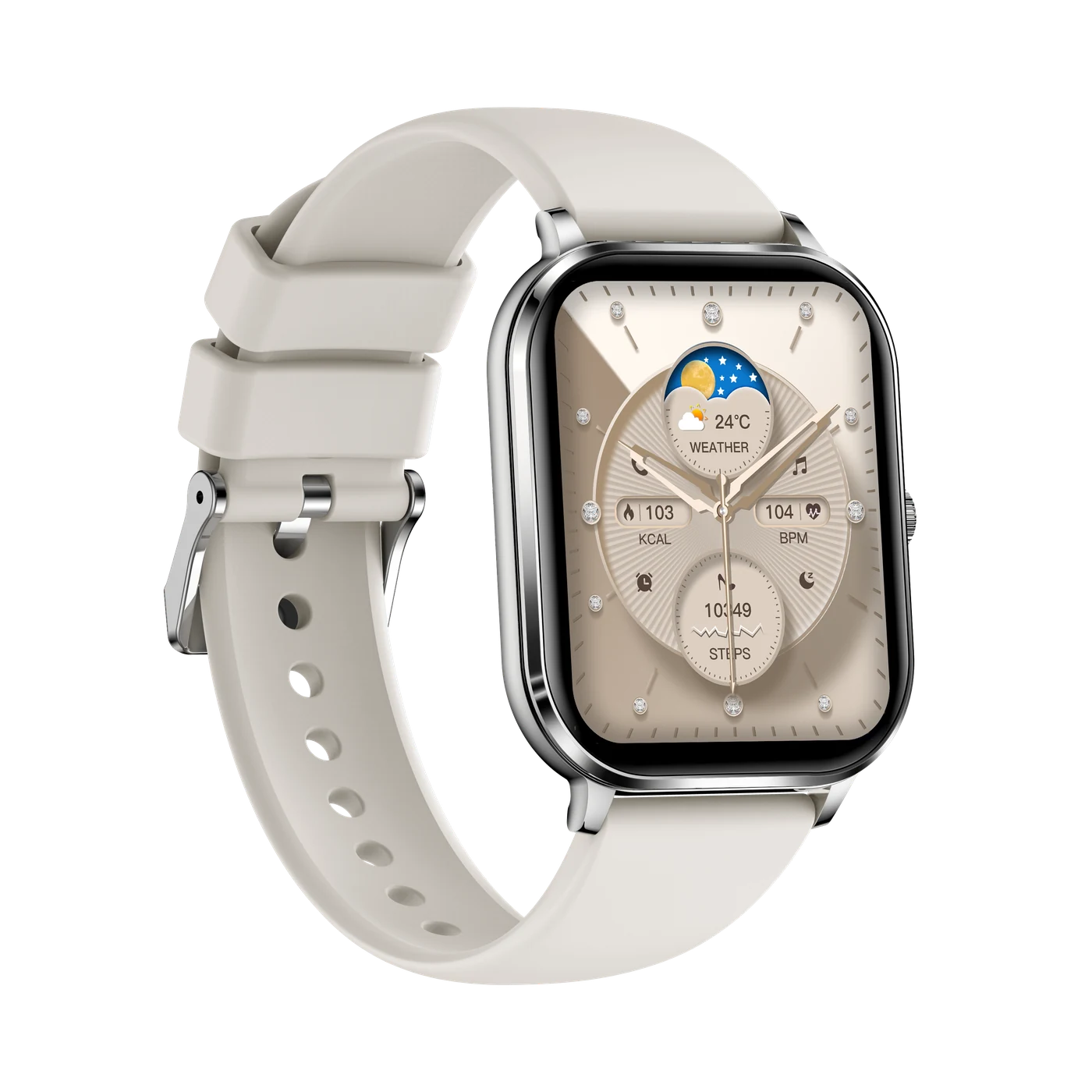Smartwatch iQuality® crystalGLOW Silver Plaid în română, Curea Silicon, Ecran 1.82 inch, Apelare Bluetooth, Monitorizare Sănătate, Notificări, Rezistent la Apă IP68