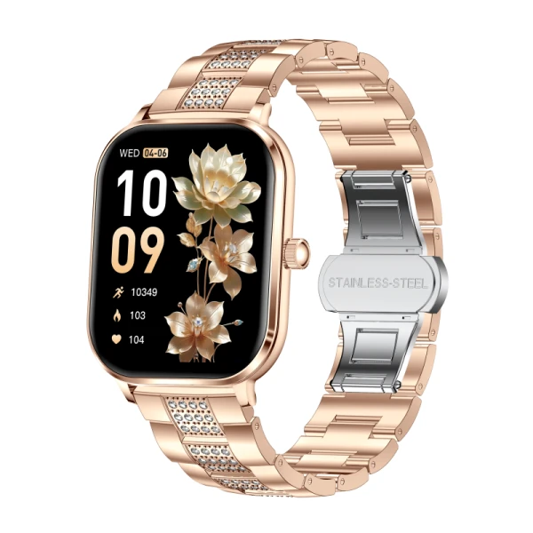 Smartwatch iQuality® crystalGLOW Golden Sakura în română, Cadou Brățară Metalică, Ecran 1.82 inch, Apelare Bluetooth, Monitorizare Sănătate, Notificări, Rezistent la Apă IP68