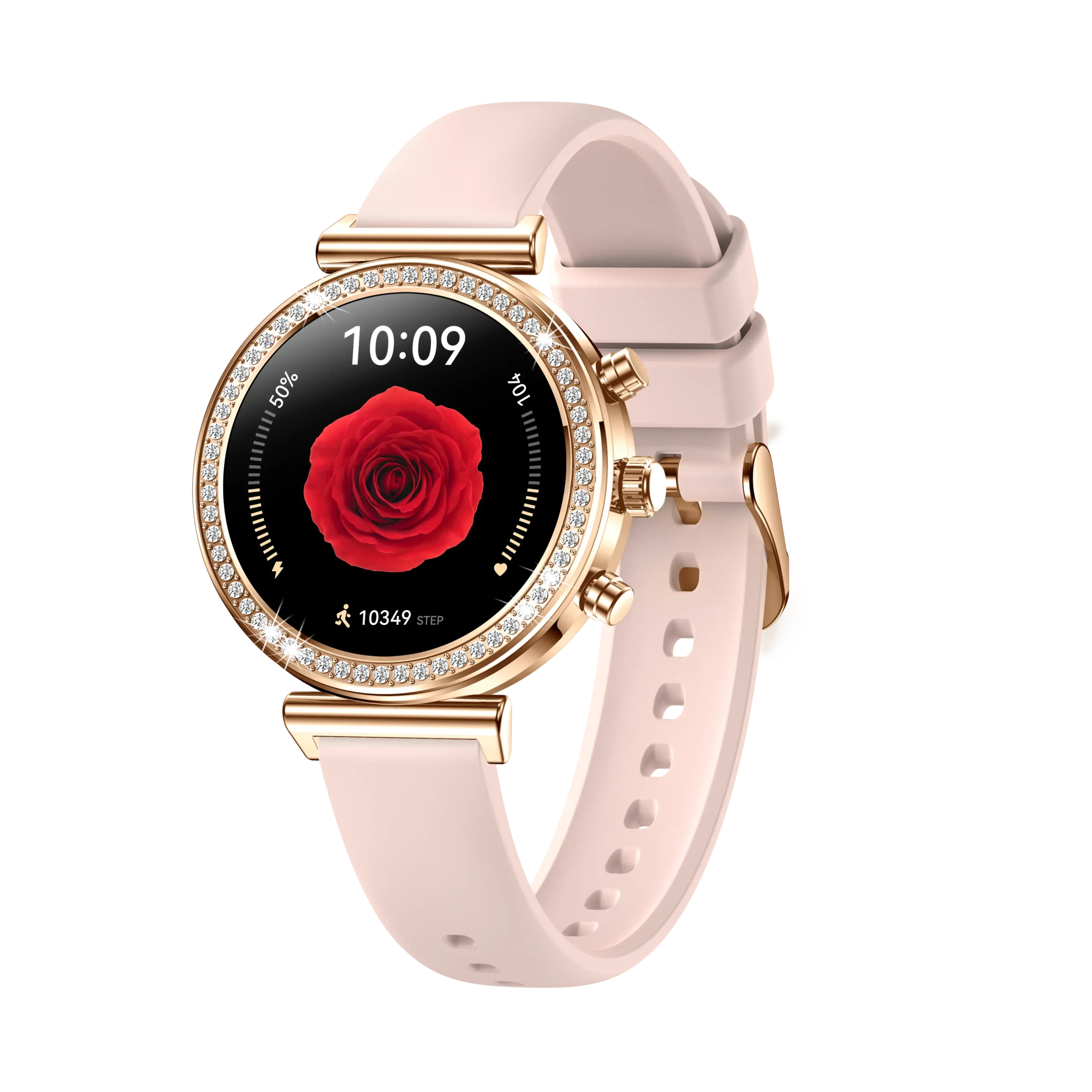 Smartwatch iQuality® crystalEDGE 2 Golden Sakura in romana, Curea Cadou, Apelare si Contacte, Monitorizare Sanatate, Gasire Telefon, AOD, Notificari, Rezistent la Apa