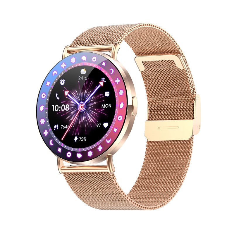 Smartwatch iQuality® KLASSmate One Golden Sakura + Curea Cadou, Apelare, Contacte, Monitorizare Sanatate, Gasire Telefon, AOD, Notificari, Rezistent la Apa IP68