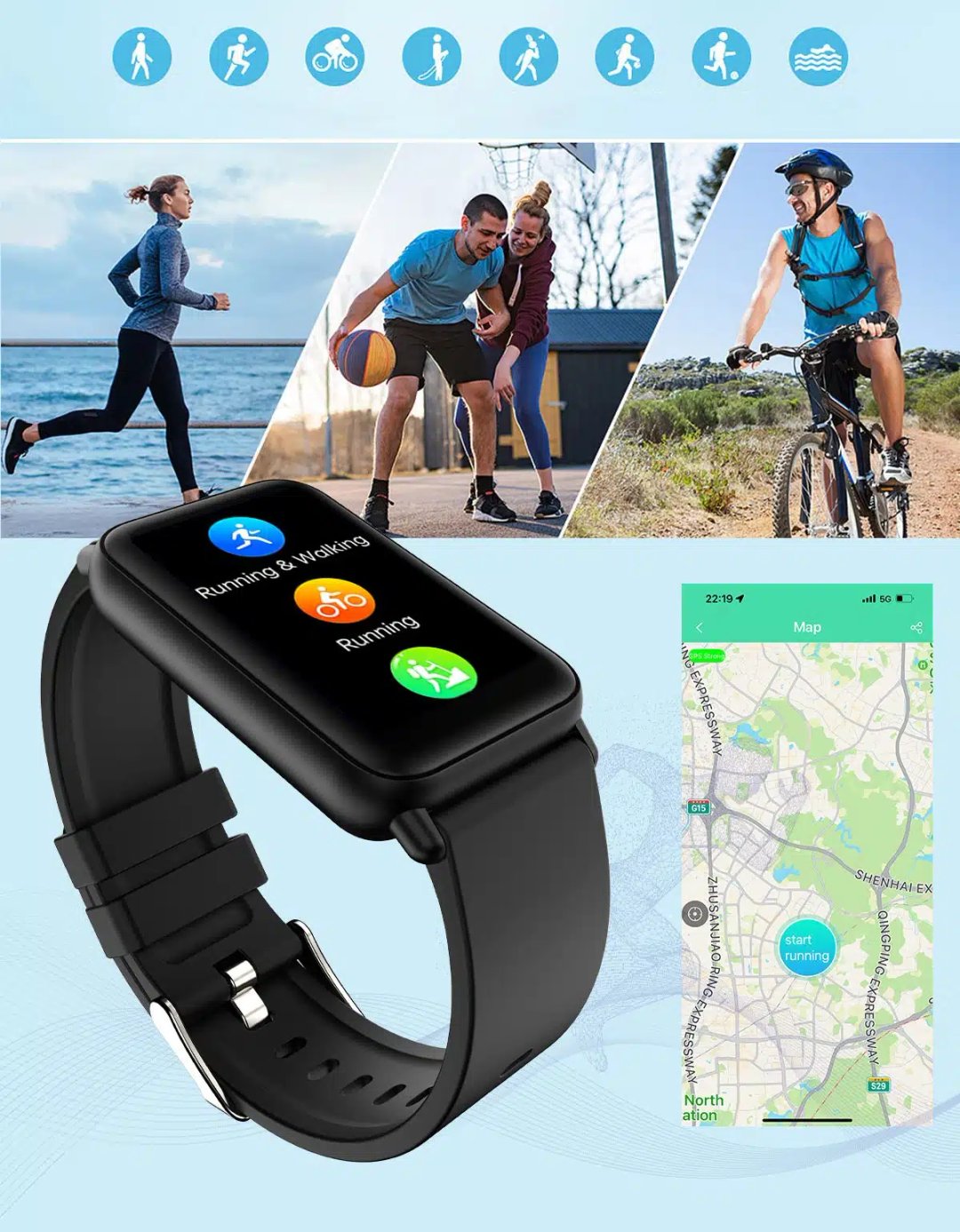 Un colaj care prezintă stiluri de viață active, inclusiv alergare, baschet și ciclism, cu accent pe un ceas inteligent care urmărește fitness și o aplicație de navigare pe hartă.
