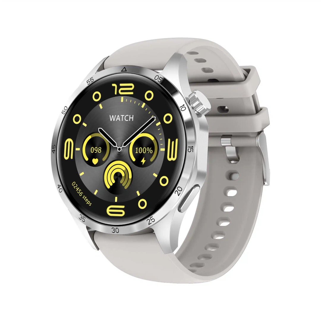 Ceas Smartwatch Barbati cu curea gri care afișează un cadran de ceas digital cu funcții de urmărire a fitnessului.