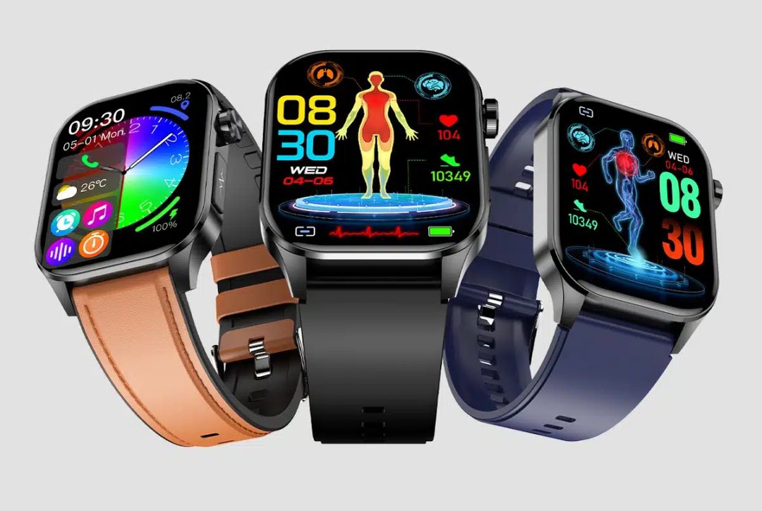 Trei ceasuri inteligente cu afișaje colorate care arată funcții de urmărire a sănătății și a fitnessului, inclusiv monitorizarea EKG.