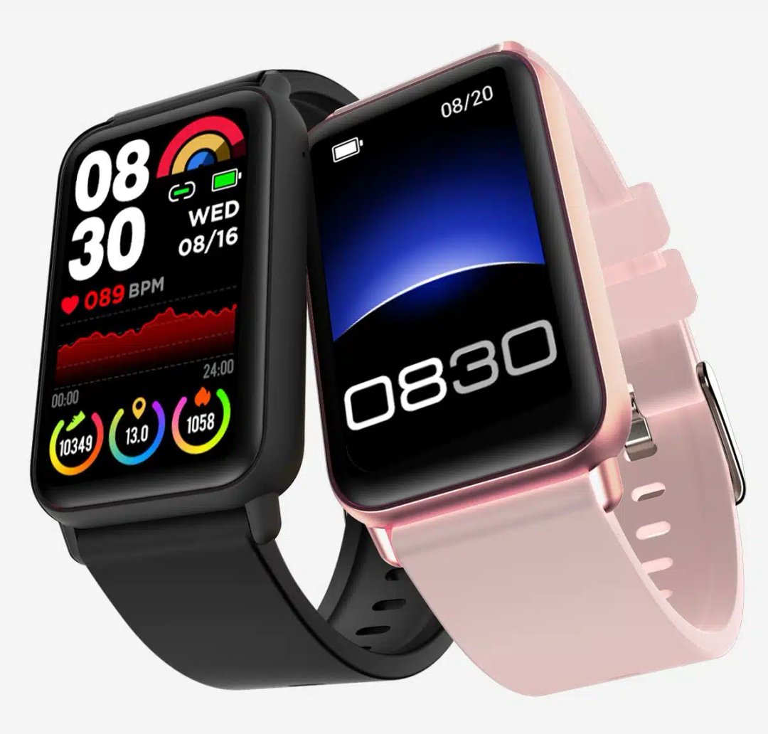 bratara fitness roz si bratara fitness rezistenta la apa cu afișaje color care arată diferite interfețe, monitorizarea ritmului cardiac, funcțiile de urmărire a pașilor și funcționalitatea NFC.