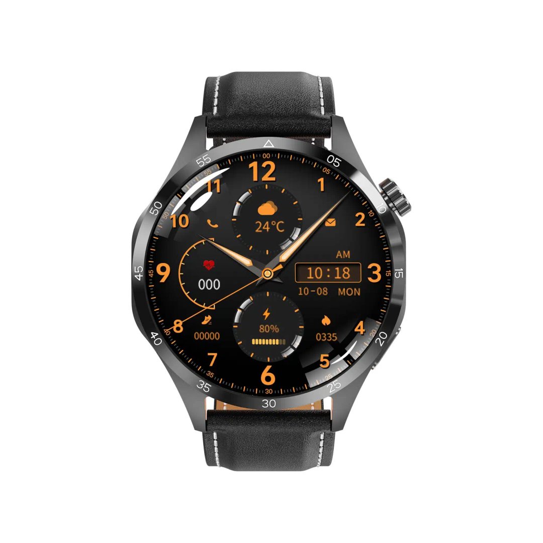 Ceas smartwatch cu NFC si Ceasul inteligent negru care afișează ora, data și valori suplimentare, cum ar fi temperatura și durata de viață a bateriei, cu funcții de apelare.
