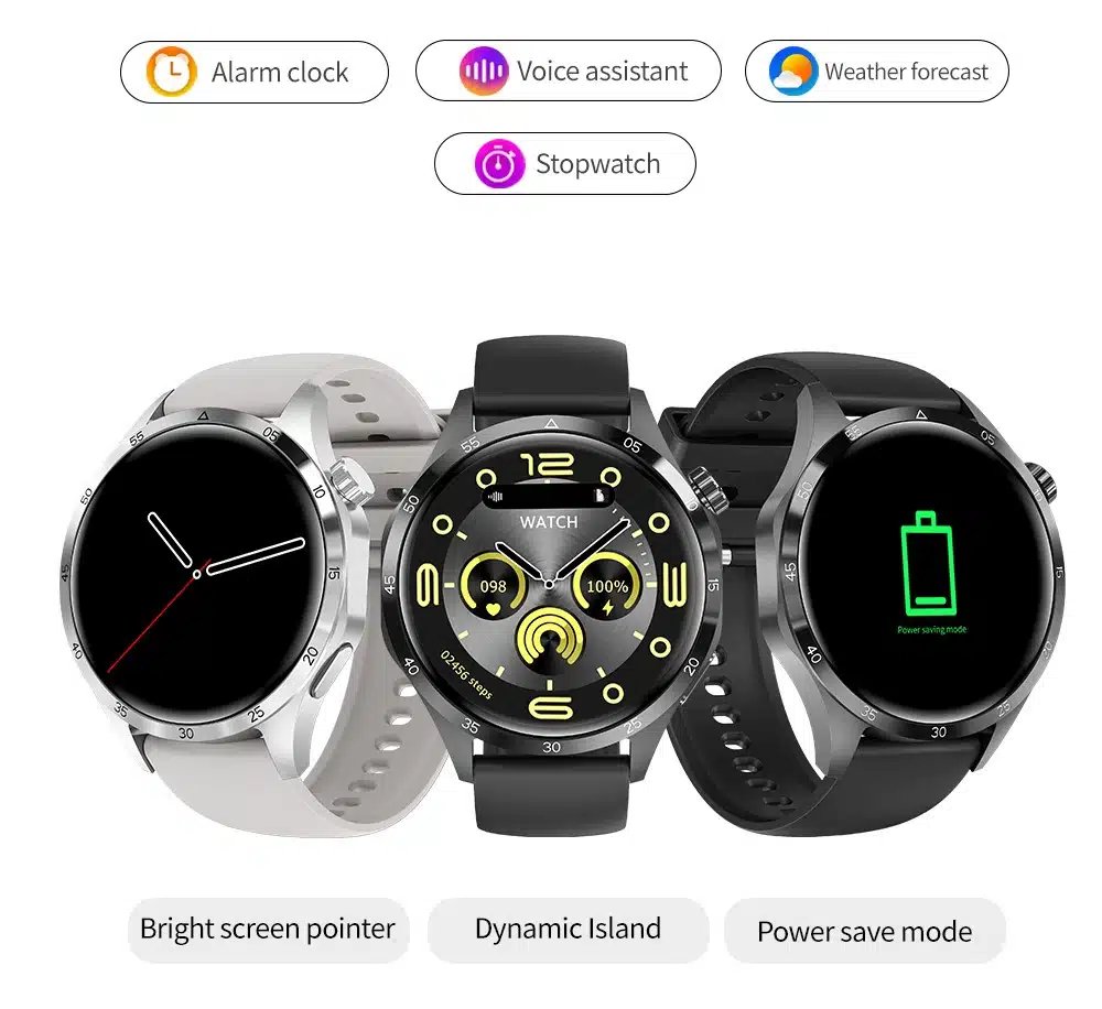 Ceasuri smartwatch care prezintă diferite funcții: ceas cu alarmă, asistent vocal, prognoză meteo, cronometru, indicator luminos pe ecran, insulă dinamică și modul de economisire a energiei. Ceasul inteligent pentru femei este special conceput