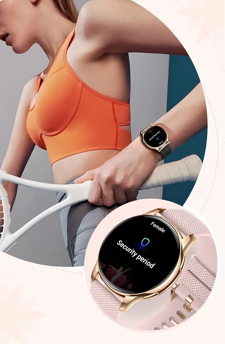 O femeie care poartă un sutien sport portocaliu și ține o rachetă de tenis. Accentul este pe Ceas Smartwatch Femei iQuality® KLASSmate Golden Sakura in romana cu Functie Apelare, Termometru, Monitorizare Sanatate, Gasire Telefon, Notificari, Puls, Rezistent la Apa IP67 care afiseaza o notificare "Security period". Este afișat un prim plan al ecranului ceasului.