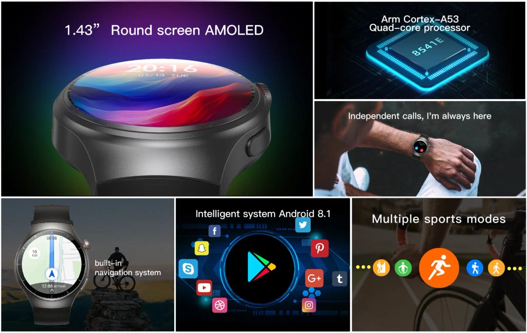 Colaj cu Smartwatch iQuality® xDroid Nebula Black cu capabilități NFC și SIM, funcționalitate de apel independent, navigație GPS încorporată, cameră HD duală, aplicații preinstalate precum TikTok, Facebook, WhatsApp, Play Store, Chrome, YouTube, Gmail; 16 GB memorie; și moduri multi-sport.