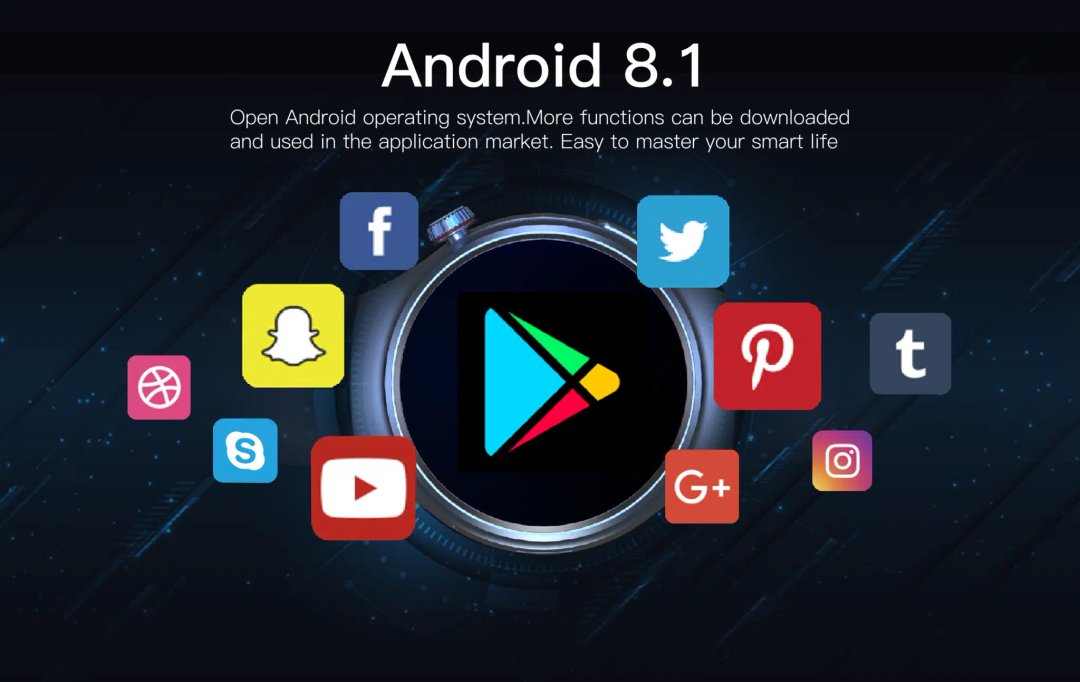 Sigla Google Play este înconjurată de pictograme pentru aplicații populare precum Snapchat, YouTube și Instagram. În partea de sus, textul spune: „Android 8.1 Deschide sistemul de operare Android. Îmbunătățește-ți cu ușurință viața inteligentă cu Smartwatch-ul tău iQuality® xDroid Nebula Black în română cu NFC, SIM, Apel, Navigație GPS, Camera duala HD, Aplicații instalate TikTok, Facebook , WhatsApp, Magazin Play (Google Play Store), Chrome (browser Google Chrome), YouTube (platforma de streaming video de la google), Gmail (client de email de la google.), Memorie 16 GB (spațiu de stocare intern.), Multi Sport" - Mai multe funcții pot fi descărcate și utilizate pe piața de aplicații.