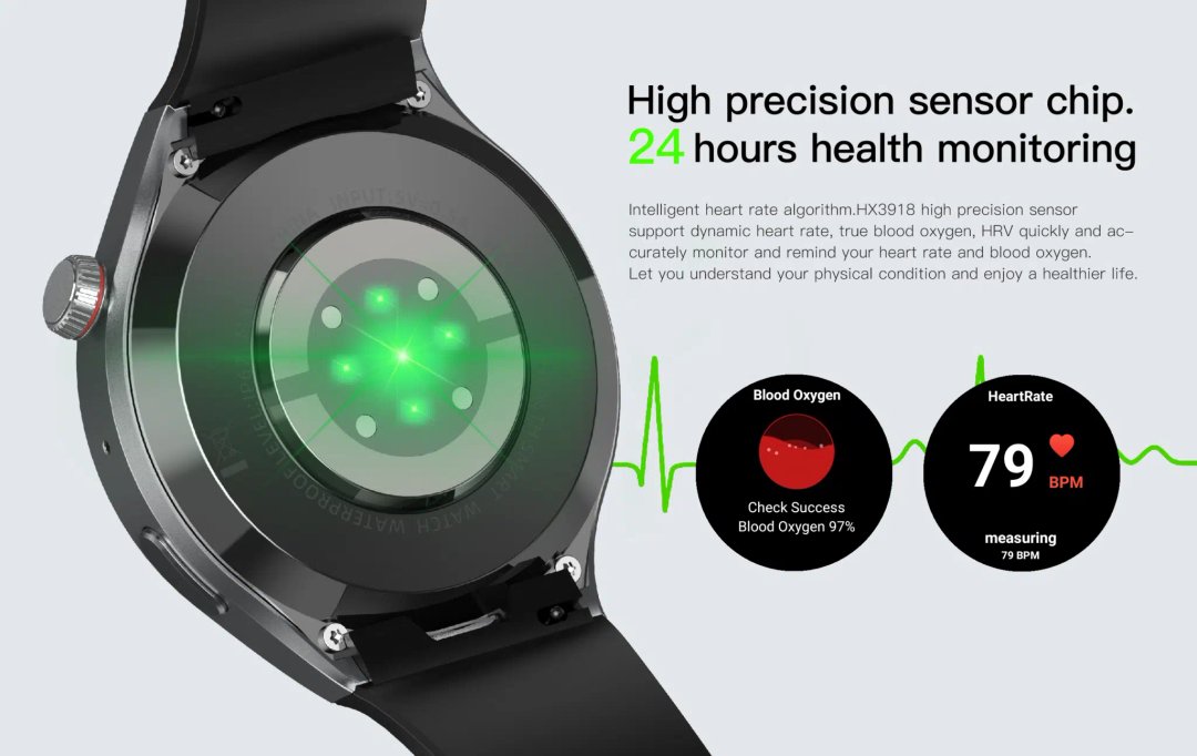 Smartwatch-ul iQuality® xDroid Nebula Black pentru bărbați are capabilități de monitorizare a sănătății, inclusiv nivelul de oxigen din sânge și ritmul cardiac. Descrierea însoțitoare subliniază cipul său senzor de înaltă precizie pentru monitorizarea stării de sănătate 24 de ore.