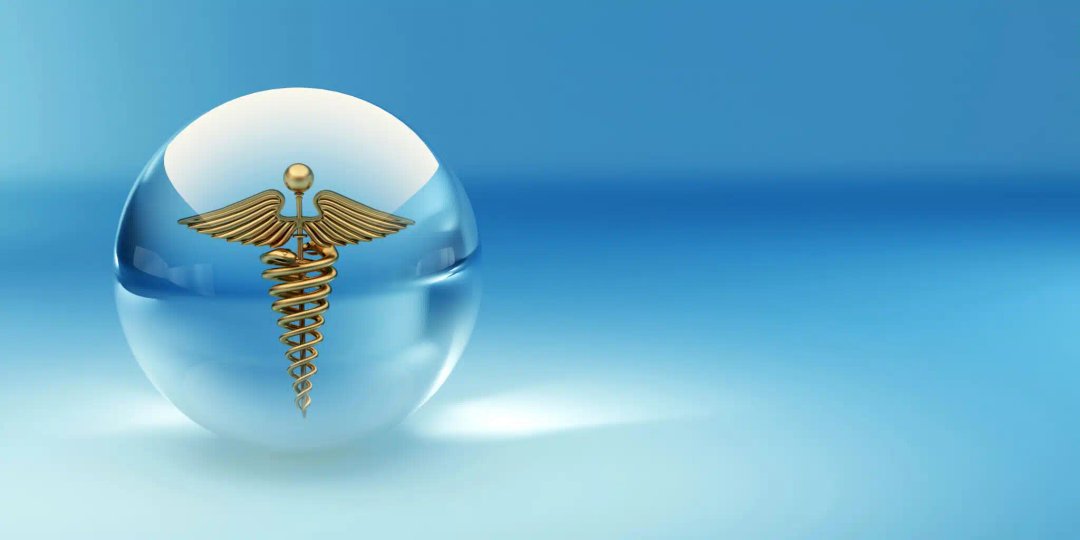 Un simbol caduceu pe un fundal albastru.
