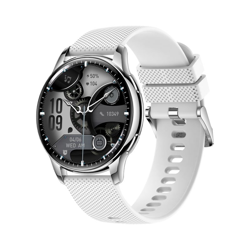 Smartwatch iQuality KLASSmate10 Silver Moon cu carcasă argintie și ecran rotund, purtat pe încheietură, folosit pentru monitorizarea somnului noaptea