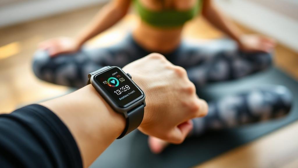 Smartwatch fitness pe încheietura femeii în timp ce face yoga