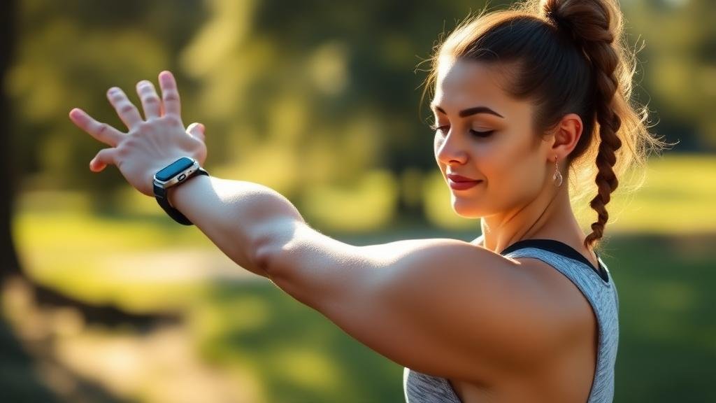 Femeie atletică întinzându-se în parc cu smartwatch fitness pe mână
